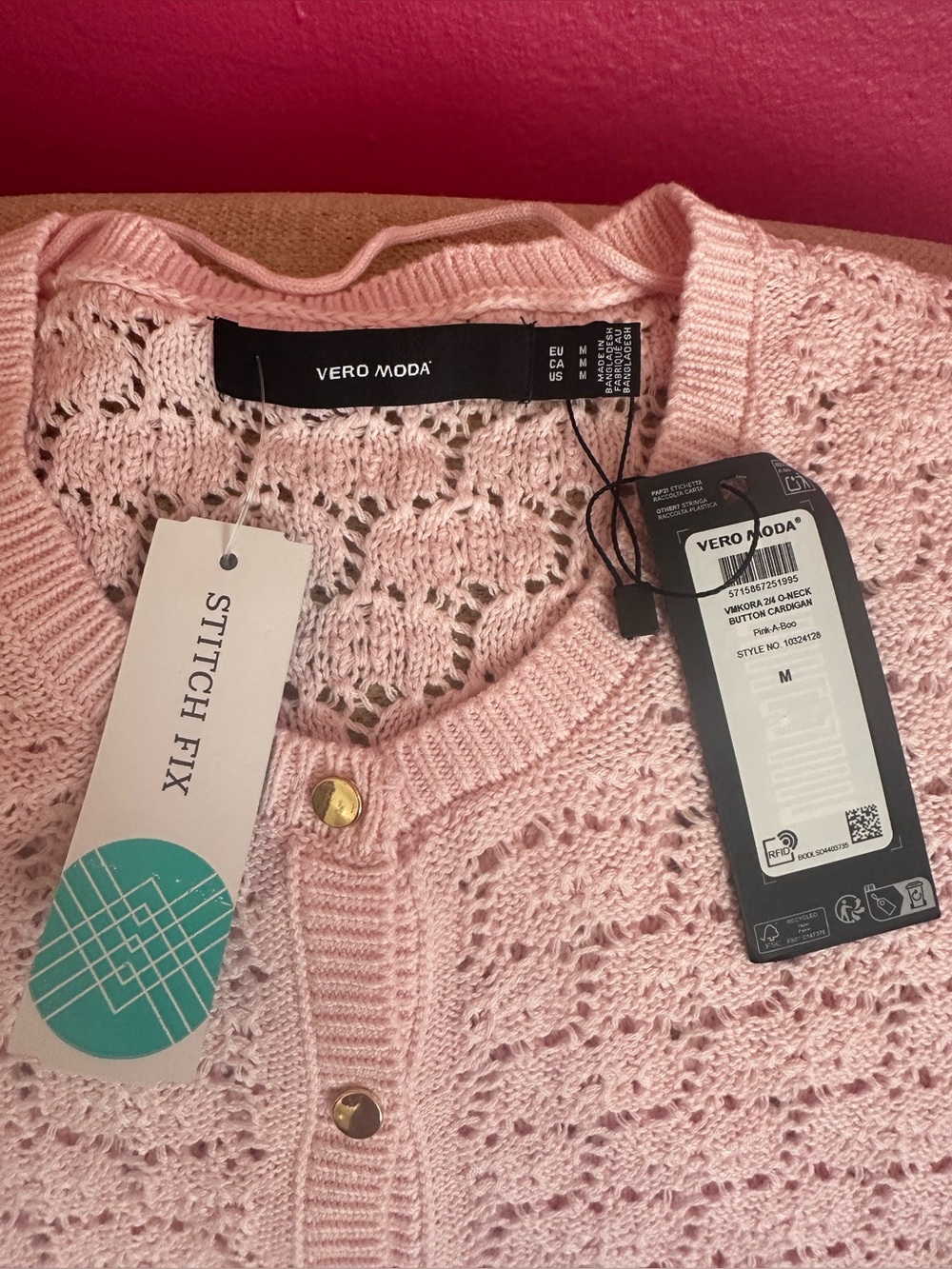🆕 🩷 VERO MODA 'VMKora' Crochet 2/4 O- Neck Button Pink- a- Boo Cardigan🩷 - Picture 8 of 8